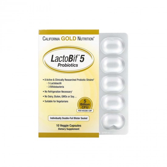 California Gold Nutrition, LactoBif, пробіотики, 5 млрд КУО, 10 рослинних капсул