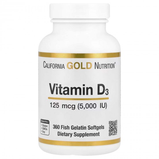 California Gold Nutrition, вітамін Д3, 125 мкг (5000 МО), 360 капсул з рибячого желатину 