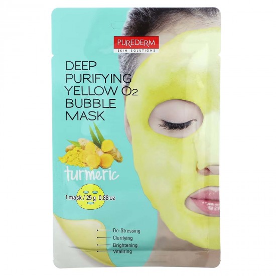 Purederm, Deep Purifying Yellow O2 Bubble Beauty Mask, маска з куркумою, 1 шт., 25 г