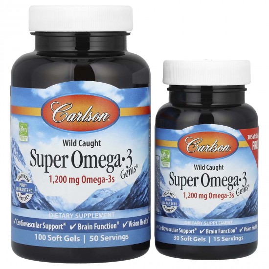 Carlson, Super Omega-3 Gems, омега-3 кислоти з риби дикого вилову, 1200 мг, 100 капсул (600 мг у капсулі)